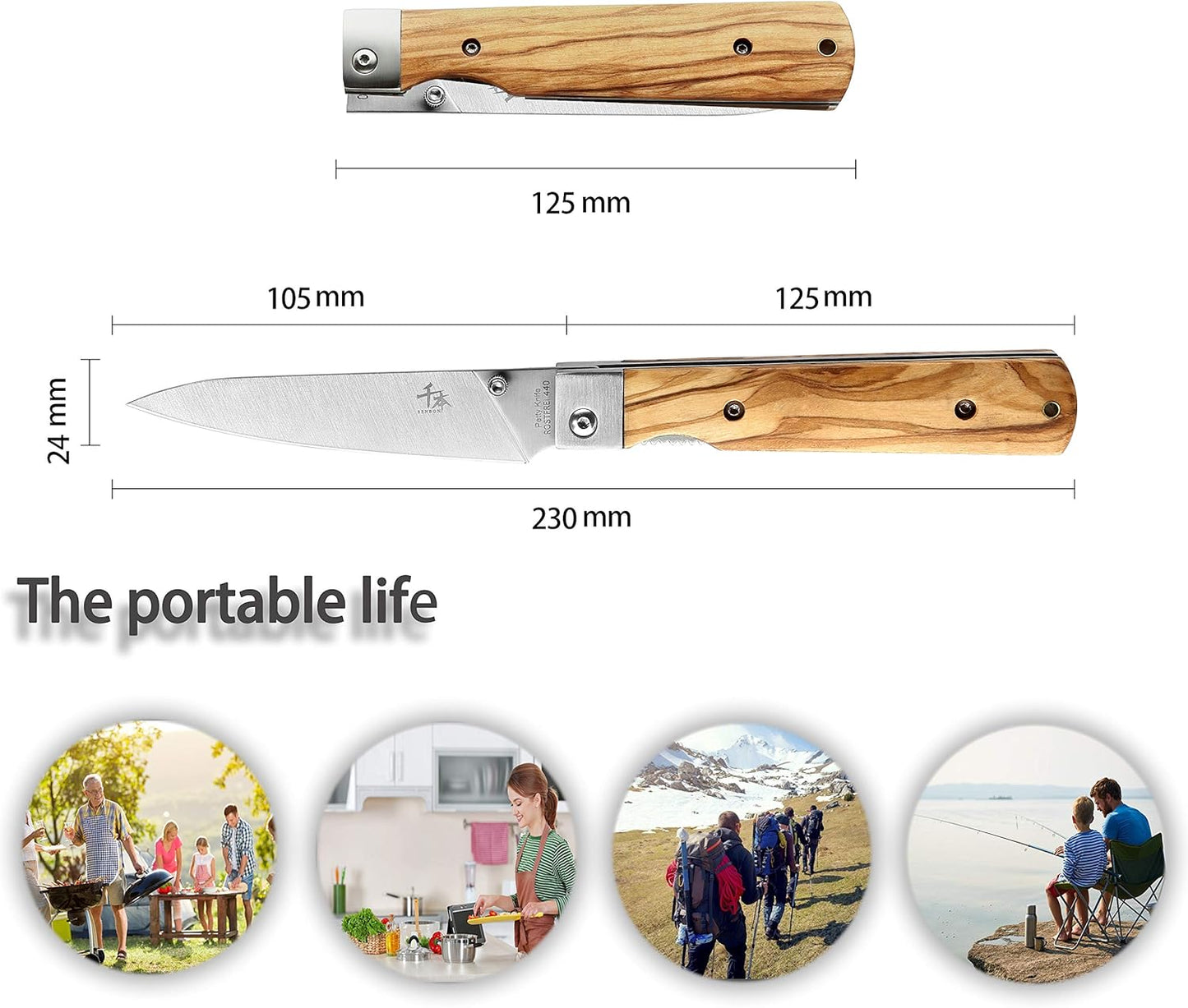 SENBON 440A stainless steel Gift wrapped 4 piece set sharp pocket folding Japanese chef knife universal peeling knife bread knife set portable kitchen knives with natural olive handle
