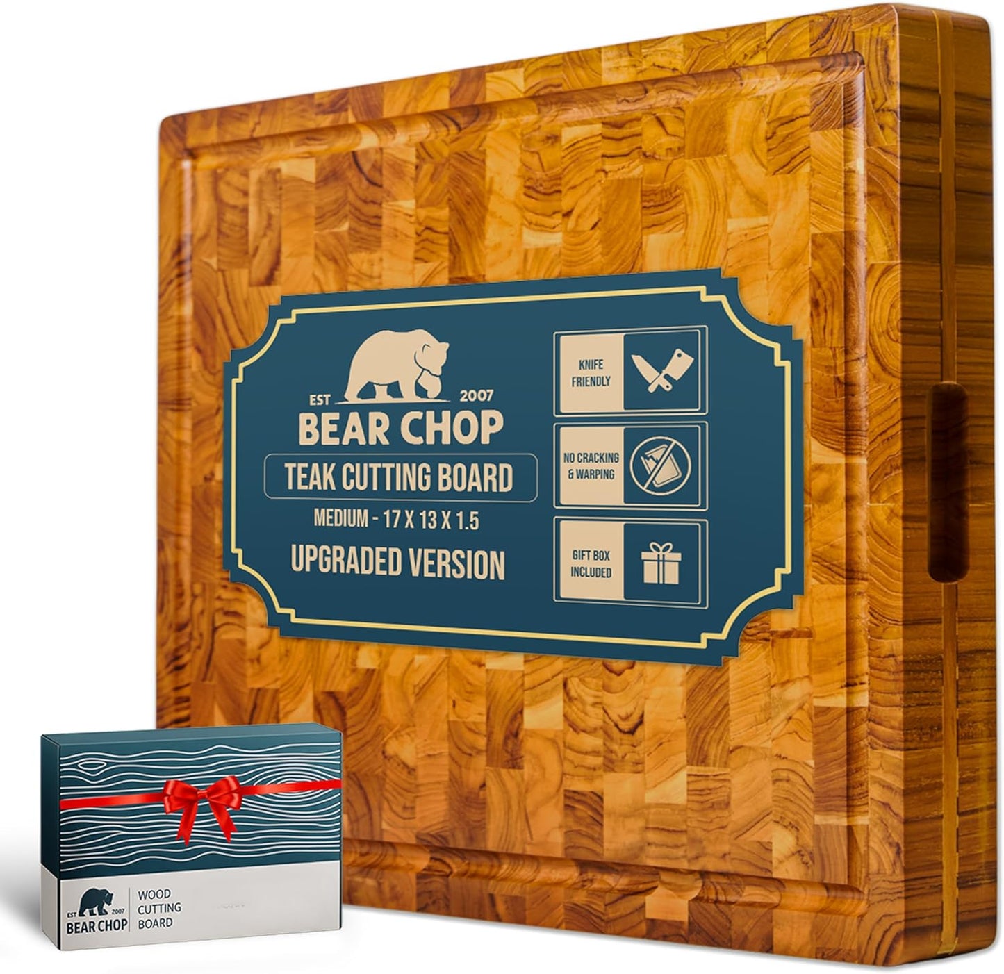 Bearchop Square Acacia Wood Cutting Board for Kitchen with 4-Side Reinforced Bar for Anti Crack/Warp, [14"x14"x1.25"] End Grain Cutting Board, Wooden Butcher Block with Gift Box