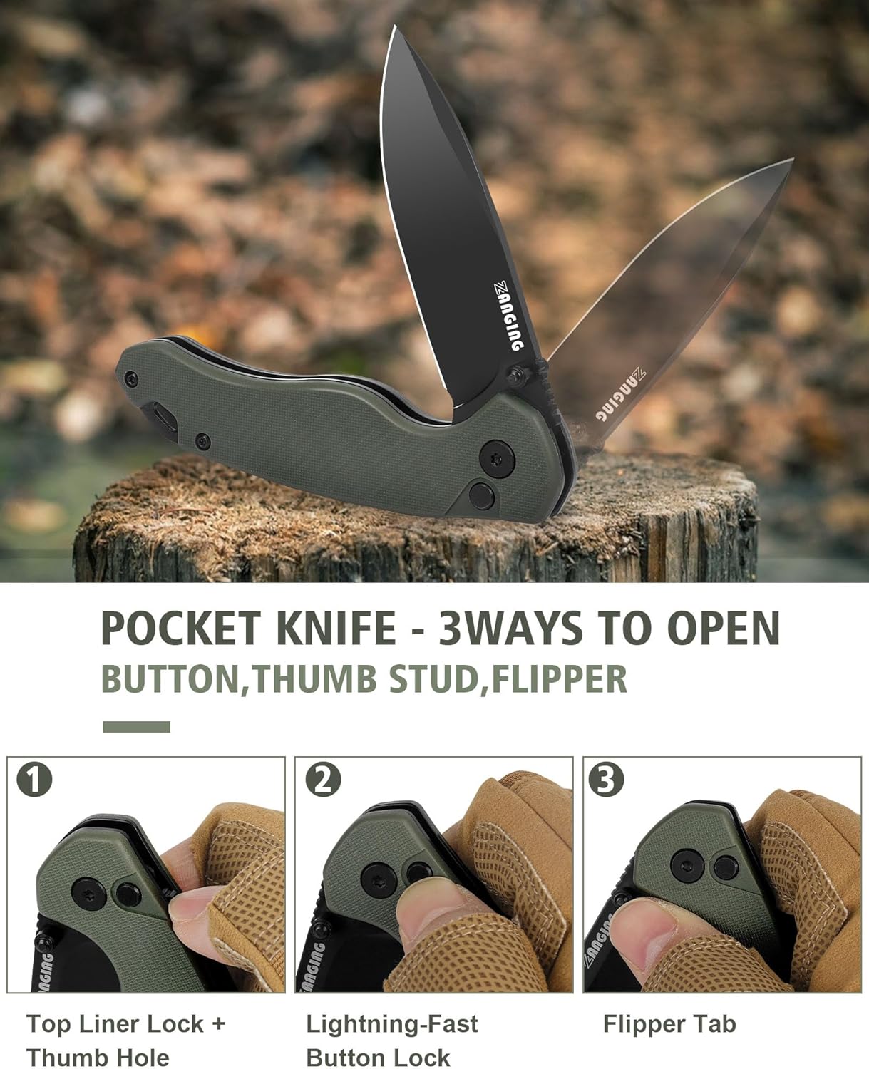 Pocket Folding Knife(EDC)- With 2.99” 8Cr14MoV Steel Blade and G10 Handle,- Lightweight Folding knives with Clip for Camping, Hiking, Hunting Survival Multi-Knife (Green)