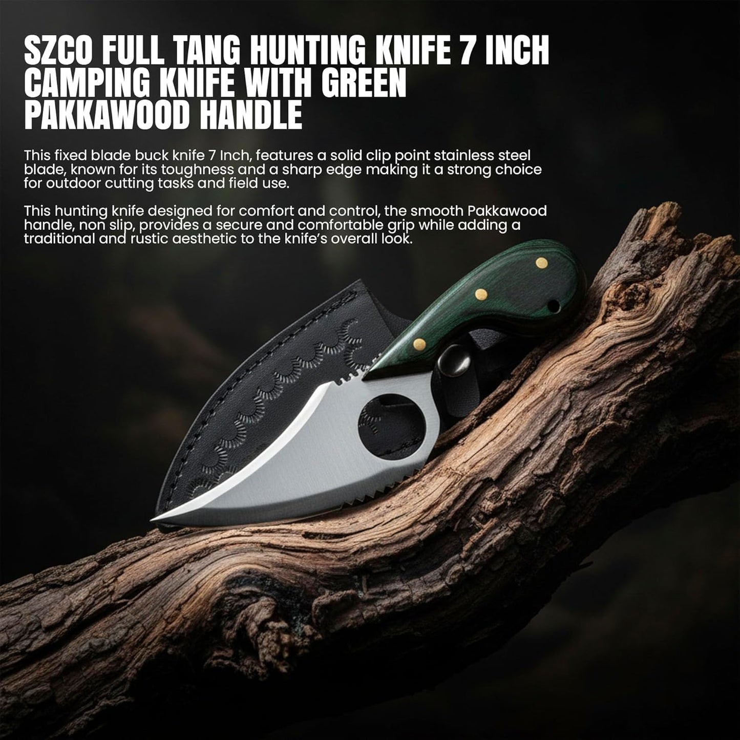 SZCO Full Tang Hunting Knife 7 Inch - Camping Knife with Green Pakkawood Handle, Stainless Steel Blade & Sheath - Pocket Knife for Hunting, Cutting & Outdoor uses - Knives for Men