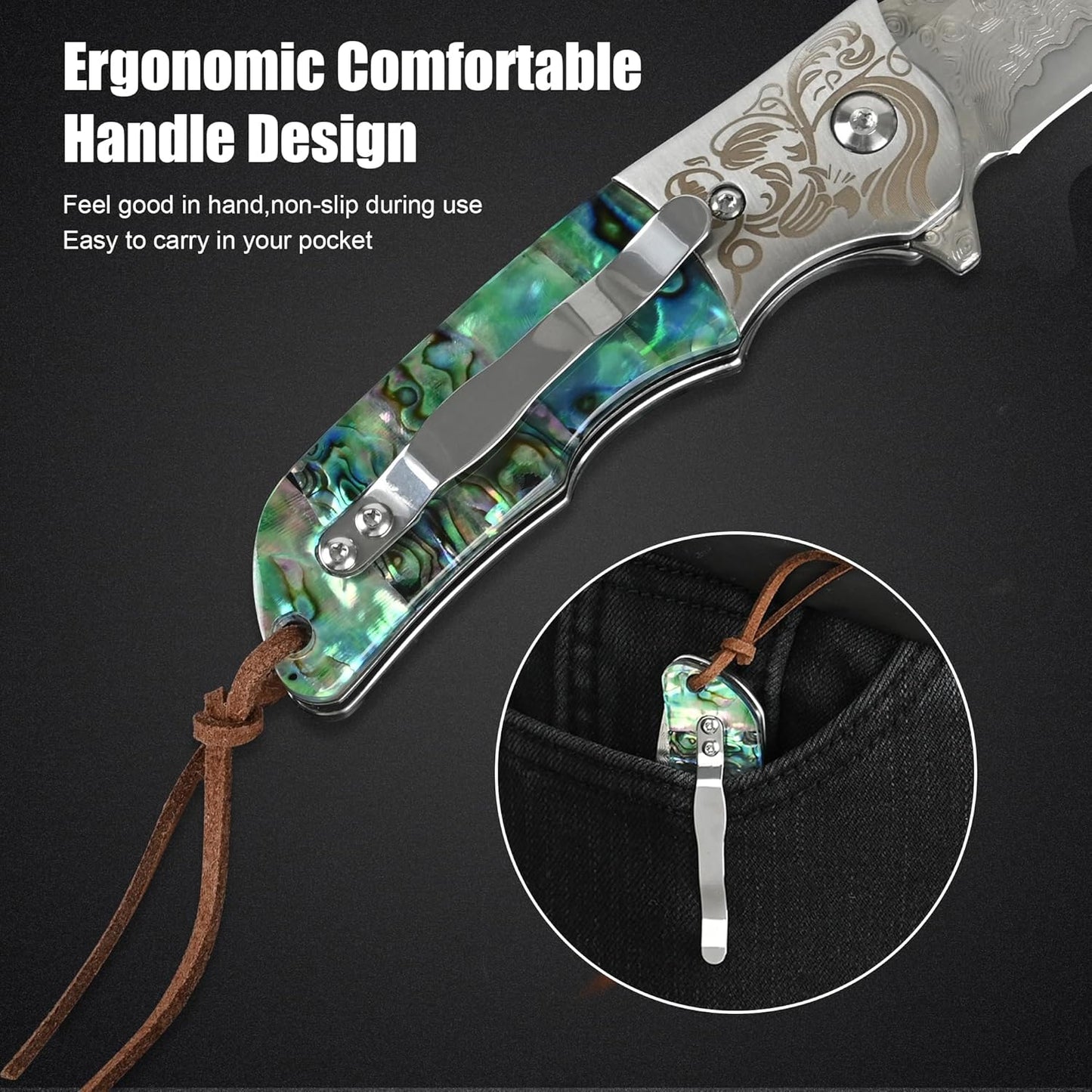 Damascus Pocket Knife with Sheath,3.54" Sharp Damascus Steel Blade Abalone Seashells Handle EDC Pocket Knives & Folding Knives for Outdoor Camping, Ideal Gifts for Men Women