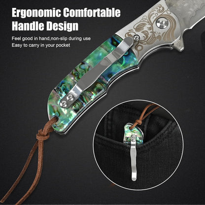 Damascus Pocket Knife with Sheath,3.54" Sharp Damascus Steel Blade Abalone Seashells Handle EDC Pocket Knives & Folding Knives for Outdoor Camping, Ideal Gifts for Men Women