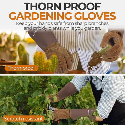 HANDLANDY Rose Pruning Gloves for Men & Women, Long Thorn Proof Gardening Gloves, Breathable Pigskin Leather Gauntlet, Best Garden Gifts & Tools for Gardener