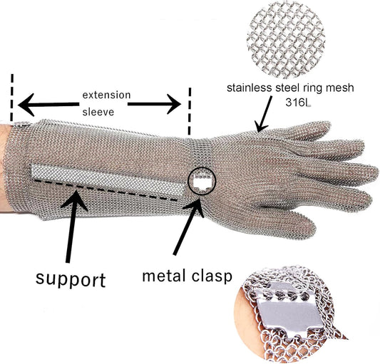 15cm Long Chainmail Glove for Butcher, Finger Protective Safety Work Glove, Cut Resistant Glove Food Grade,316L Stainless Steel Metal Mesh Gloves with Metal Craw (L)