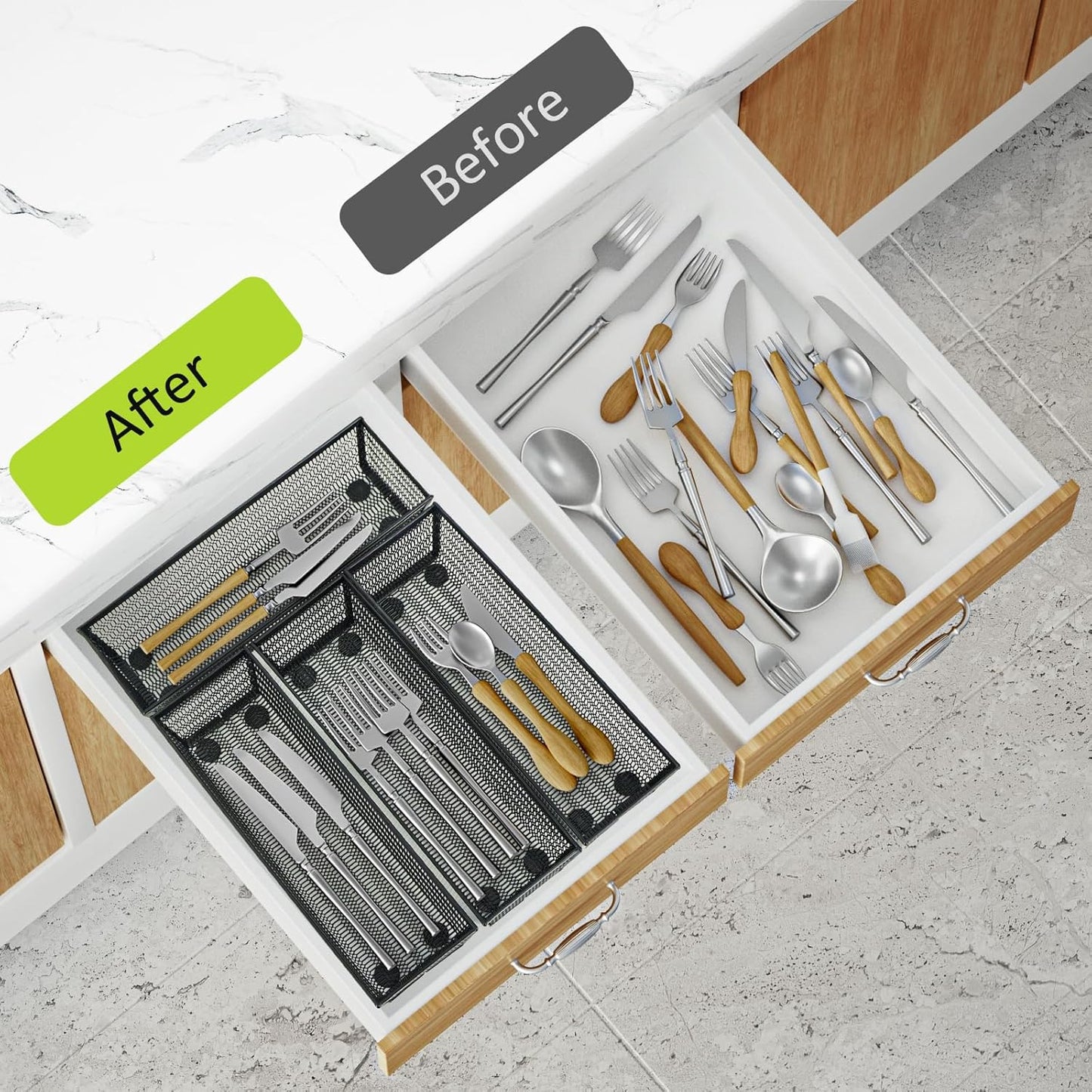 Neudeco Silverware Organizer,Mesh Drawer Organizer for Kitchen，Metal Utensil Organizer for Flatware, Knives, Spoons,Cosmetic (Silver 9 * 3 * 2 inch Pack6)