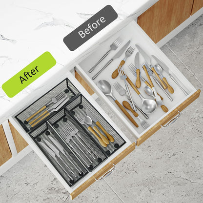Neudeco Silverware Organizer,Mesh Drawer Organizer for Kitchen，Metal Utensil Organizer for Flatware, Knives, Spoons,Cosmetic (Silver 9 * 3 * 2 inch Pack6)