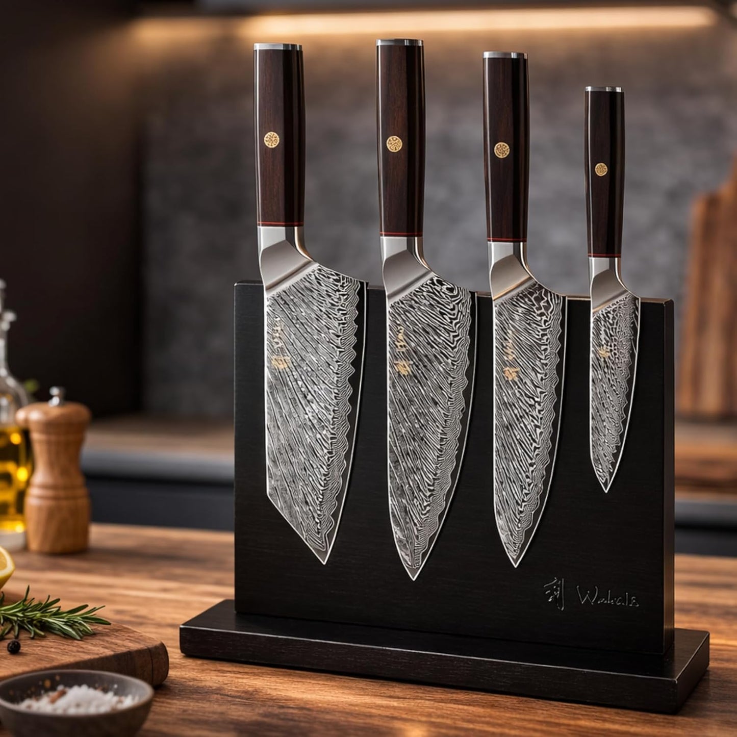 Wakoli Damascus Chef Knife Set with Magnetic Block – 5-Piece Professional Kitchen Knife Block Set, Genuine 67-Layer Damascus Steel Blades with VG10 Core & Ergonomic Sycamore Wood Handles