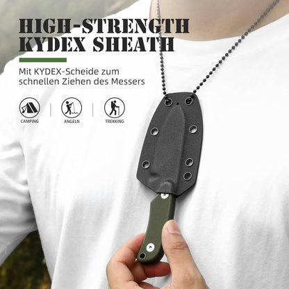 Omesio Neck Knife, Full Tang EDC Knife Necklace for Men, 5.82" Fixed Blade with Kydex SHeath and Clip, Nessmuk Blade Small D2 Steel G10 Handle for Outdoor, Survival, Camping