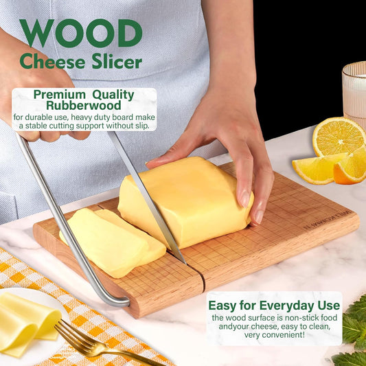 WILLKOMMEN Wood Cheese Slicer, Cheese Cutter Board with Blade, 10.8'' x 8.3'' Cheese Slicers for Block Cheese, Butter, Sausage and Ham