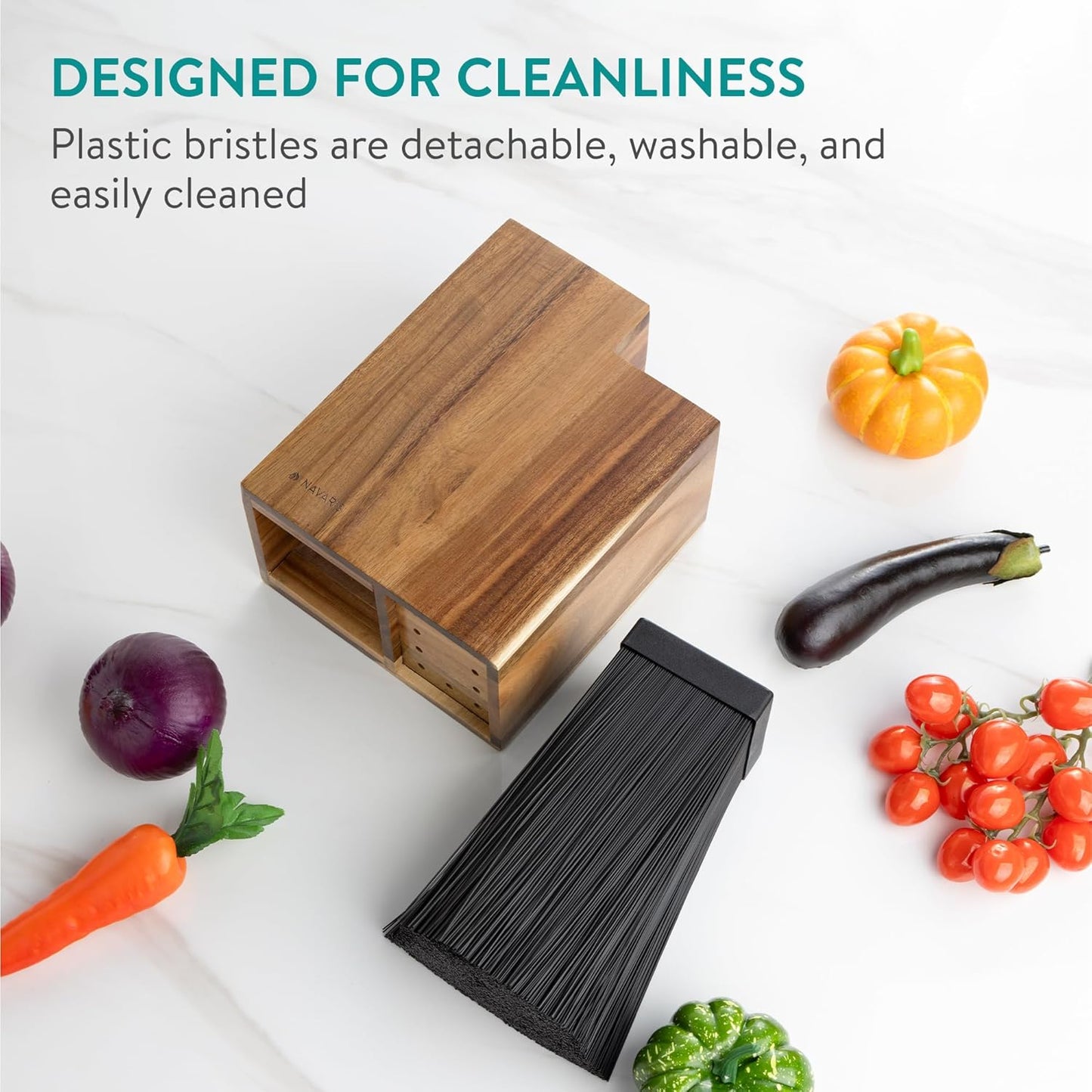 Navaris Bamboo Kitchen Knife Block - Magnetic Rotating Bristle Knife Holder - Universal Knife Block Storage Stand with Bristles - 9.8" x 4.9" x 4.9"