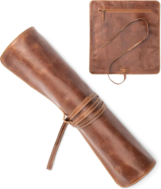 Angus Stoke premium leather Knife Roll Bag - Storage and Protection for Chef Knives, 7 Slots and 1 Zipper Pocket, genuine Buffalo Leather Case Nils (Mahogany)