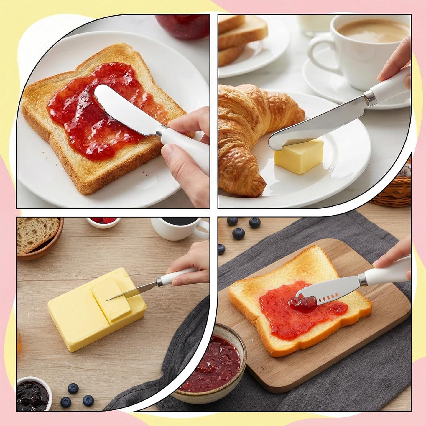 Cheese Spreader Knives, Stainless Steel Butter Knife with Porcelain Handles Cheese Butter Spreader Knives for Kitchen, Butter-Knife with Holes in Blade for Soft Jam, Charcuterie, Pastry