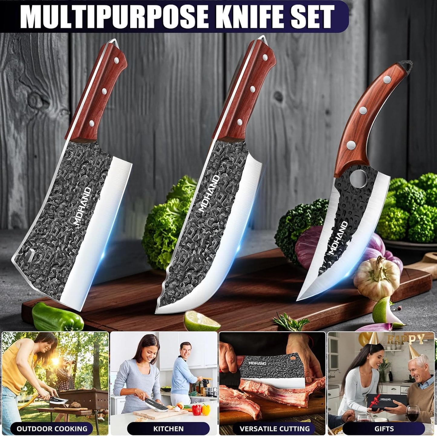 MDHAND Butcher Knife Set, 12PCS Hand Forged Serbian Chef Knife Set with Bag, High Carbon Steel Full Tang Kitchen Knives Set, Meat Cleaver & Boning Knife for Brisket Trimming BBQ Camping, Gift for Men