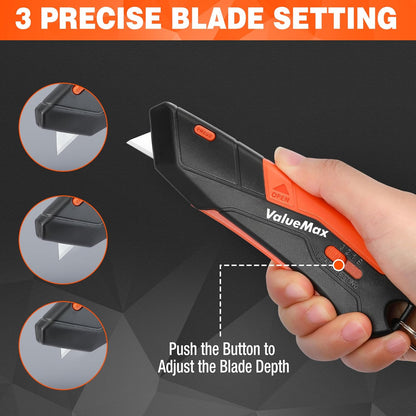 ValueMax 2-Pack Box Cutter Knife, Cardboard Cutter with Self-Retracting 3-Position Locking Blade, Safety Sheath, Lanyard, Extra 18 Blades Included, Blade Storage Design