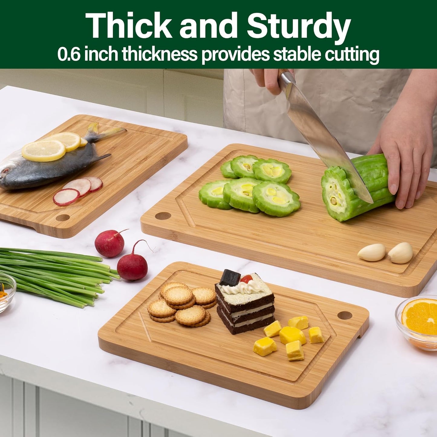 WILLKOMMEN 4-Piece Bamboo Cutting Boards for Kitchen, Chopping Board Set with Food Icon (Meat, Fish, Vegetables, Fruits) Butcher Block with Stands, Handles & Juice Grooves (Small, Medium, Large, XL)