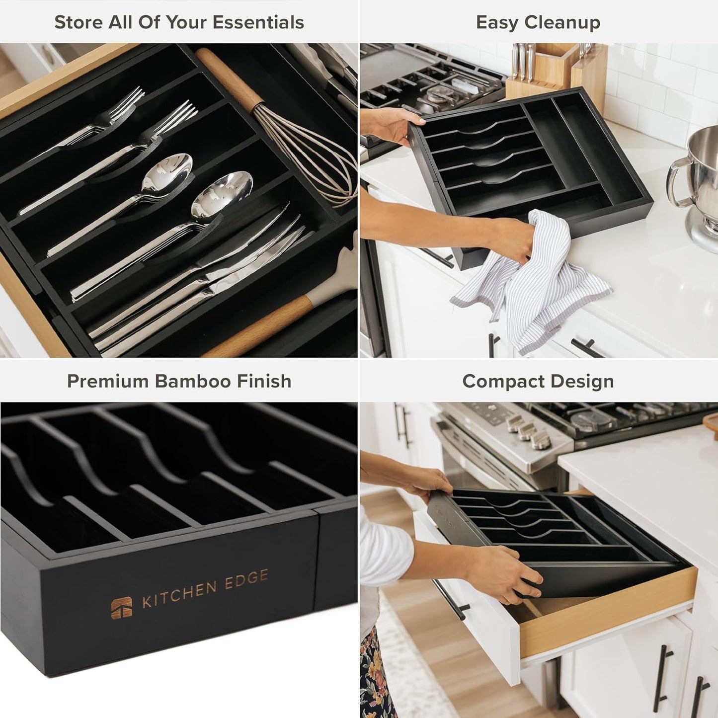 KitchenEdge Premium Silverware, Flatware and Utensil Organizer for Kitchen Drawers, Food-Safe Contract Grade, Expandable from 18 to 33 In, Natural Bamboo