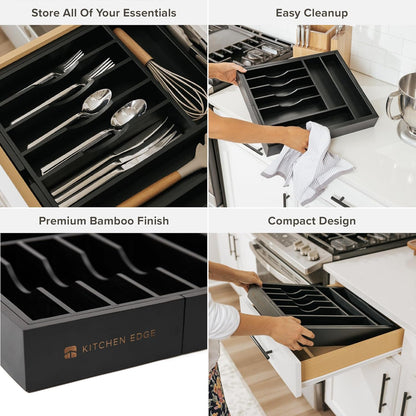 KitchenEdge Premium Silverware, Flatware and Utensil Organizer for Kitchen Drawers, Food-Safe Contract Grade, Expandable from 18 to 33 In, Natural Bamboo