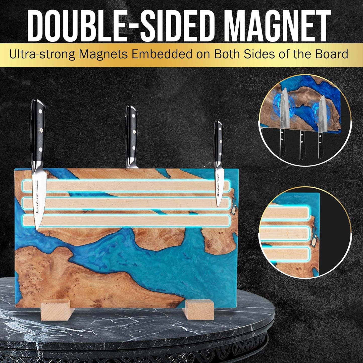SliceElite Magnetic Knife Block Double Sided Holder East Indian Walnut Black Resin Dual Surface Magnet Storage for Knives on Kitchen Countertop Holds Up To 20 Knives