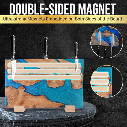 SliceElite Magnetic Knife Block Double Sided Holder East Indian Walnut Black Resin Dual Surface Magnet Storage for Knives on Kitchen Countertop Holds Up To 20 Knives