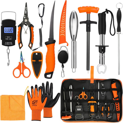 RoundFunny 14 Pcs Fishing Tool Kit, Fillet Knife, Fishing Pliers with Lanyard, Digital Scale, Lip Gripper, Hook Remover Fish Scaler Braid Scissors Gloves Sharpening Rod Retractor Towel Bag