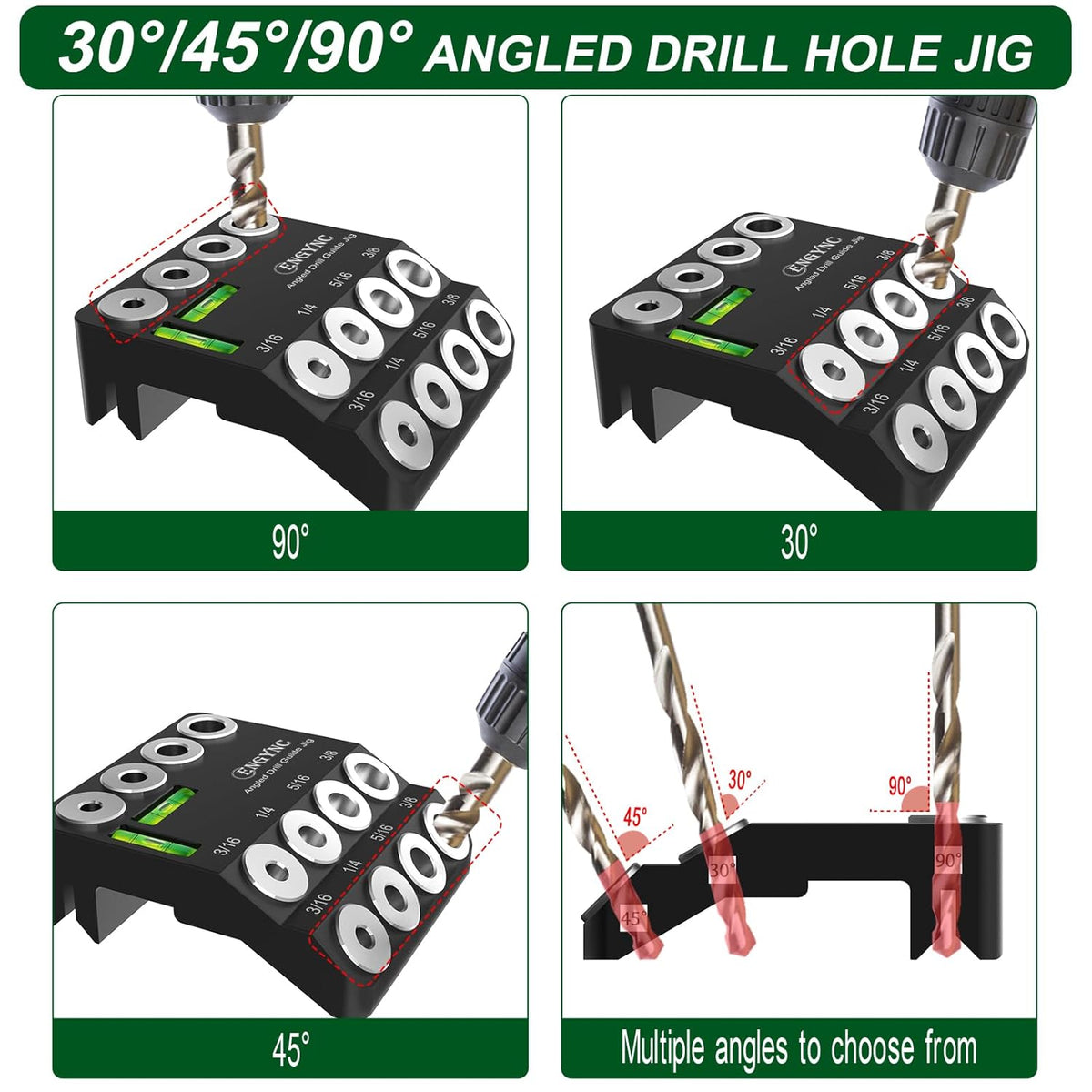 30 45 90 Degree Angled Drill Guide Jig with 2 Torpedo Level | 4 Sizes Portable Drilling Hole Guide Jig for Straight and Angle Stairs Handrail, Cable Railing, Deck, Wood Post Level design