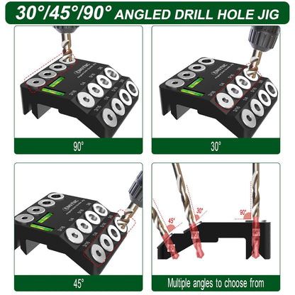 30 45 90 Degree Angled Drill Guide Jig with 2 Torpedo Level | 4 Sizes Portable Drilling Hole Guide Jig for Straight and Angle Stairs Handrail, Cable Railing, Deck, Wood Post Level design