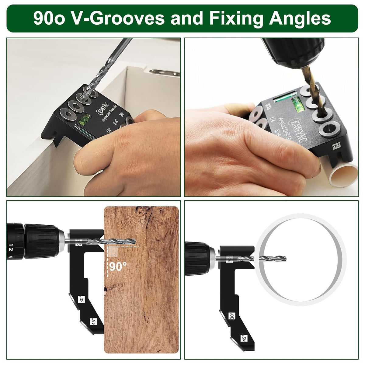 30 45 90 Degree Angled Drill Guide Jig with 2 Torpedo Level | 4 Sizes Portable Drilling Hole Guide Jig for Straight and Angle Stairs Handrail, Cable Railing, Deck, Wood Post Level design
