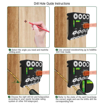 30 45 90 Degree Angled Drill Guide Jig with 2 Torpedo Level | 4 Sizes Portable Drilling Hole Guide Jig for Straight and Angle Stairs Handrail, Cable Railing, Deck, Wood Post Level design