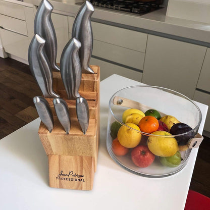Jean-Patrique Chopaholic Kitchen Knife Set with Block - All Purpose Collection & Wooden Stand - Utility, Paring, Serrated, Bread, Slicing Knives - Sharp & Dishwasher Safe