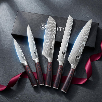 Dfito Kitchen Knife Set, 15 Pieces Knife Set with Block and Sharpener, High Carbon Stainless Steel Chef Knives Set with Red Pakkawood Handle for Home Cooking, Dishwasher Safe