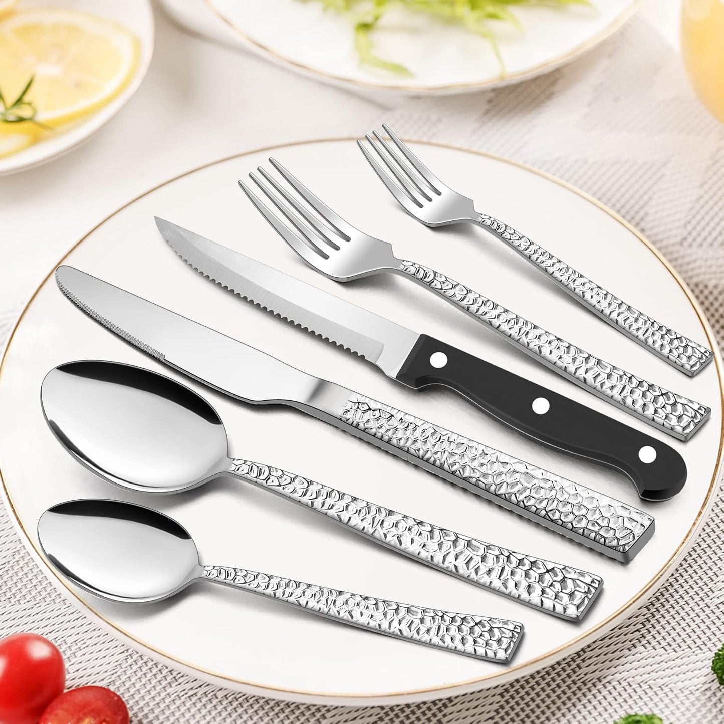 E-far 24-Piece Silverware Set with Organizer Tray and Steak Knives, Stainless Steel Flatware Cutlery Service for 4, Basic Tableware Eating Utensils for Home Kitchen, Mirror Polished, Dishwasher Safe