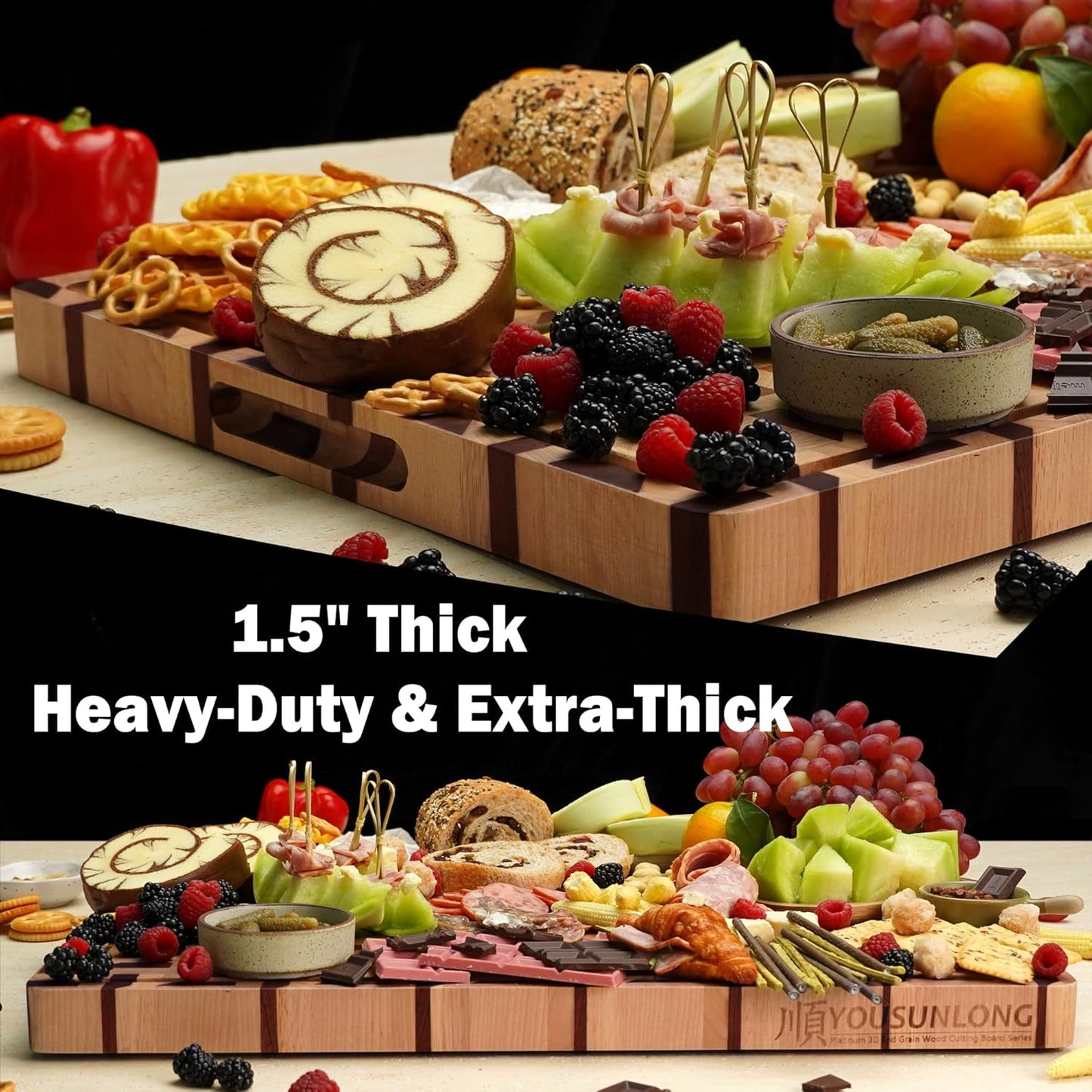 YOUSUNLONG End Grain Cutting Board - 20"L x 16"W x 1.5"Th - Butcher Block Built-In Juice Grooves & Handle - Chopping Board Made of Acacia Wood Mixed With Oak - Barbecue Tray,Cooktop Board