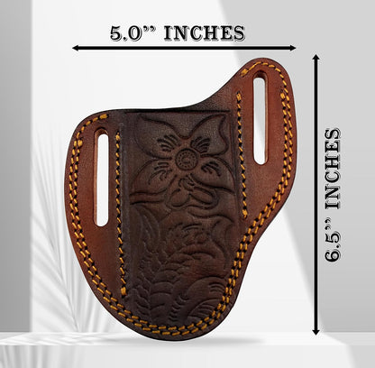 Custom Leather Sheath Slanted Pancake Tooled Leather Sheath/Trapper Knife Sheath/Hunting Knife Sheath 100% Real Laether Cover/Tan Both Side Carry Design (LSB)