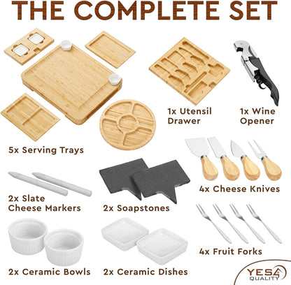 Charcuterie Boards Deluxe Gift Set - 15 Pieces, Bamboo - Large Cheese Board Plus Fruit Tray w/Magnetic Cheese Knives Holder for Mother's Day Present, Birthday, Housewarming, Wedding Shower Gifts