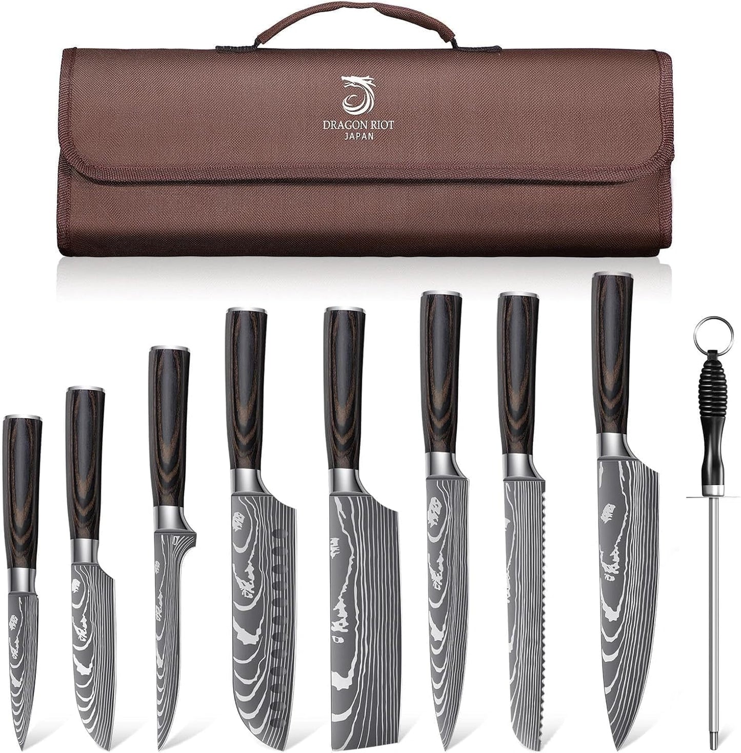 DRAGON ROIT Japanese Knives Set Damascus Pattern Chef Knife Set for Kitchen with Roll Bag, Sharp Stainless Kitchen Knife Set Brown Handle