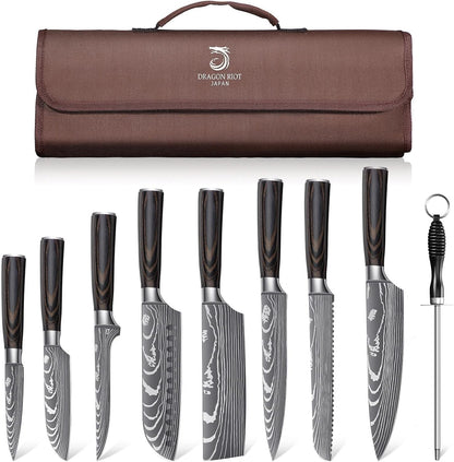 DRAGON ROIT Japanese Knives Set Damascus Pattern Chef Knife Set for Kitchen with Roll Bag, Sharp Stainless Kitchen Knife Set Brown Handle