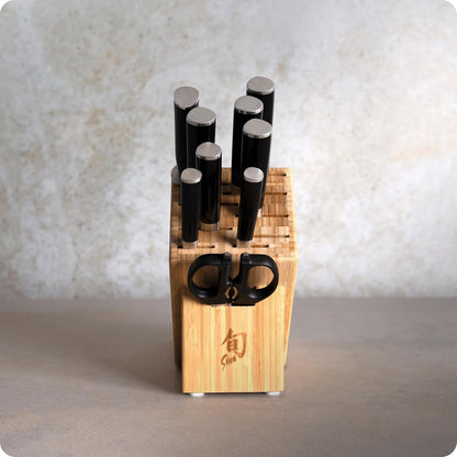 Shun Classic 10 Piece Block Set, Includes 8" Chef, 6” Utility, 3.5" Paring, 6.5” Nakiri, 7” Santoku Knife & More, Handcrafted Japanese Knife Set, Damascus Stainless Steel Cladding, Pakkawood Handles