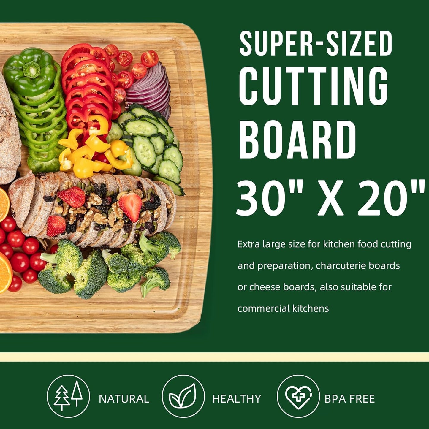 30 x 20 Inch Extra Large Wood Stove Top Cover Chopping Board, Bamboo Kitchen Cutting Board for BBQ, Turkey Carving Board, Large Charcuterie Boards for Party, Over the Sink Cutting Board