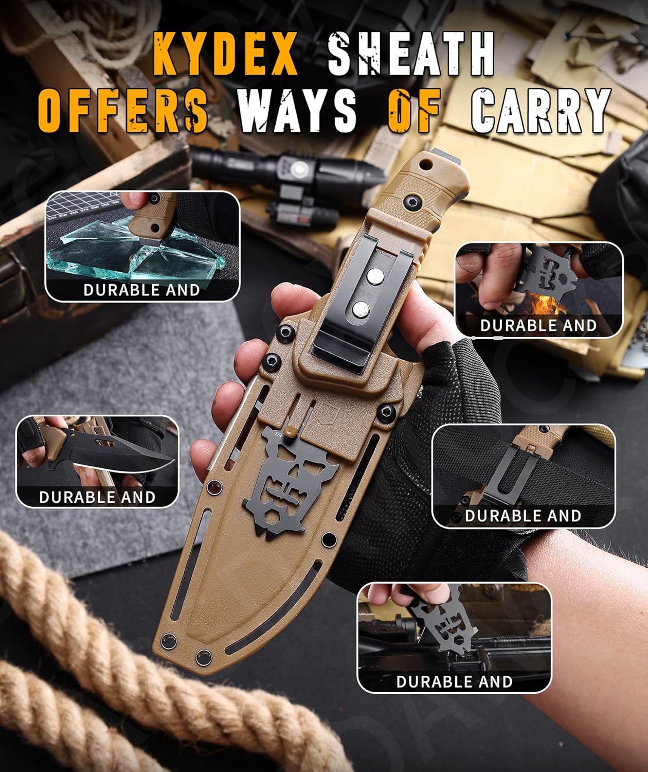 5-inch Fixed Blade Knife with Sheath，D2 stainless steel blade, G10 handle,Outdoor Camping knives