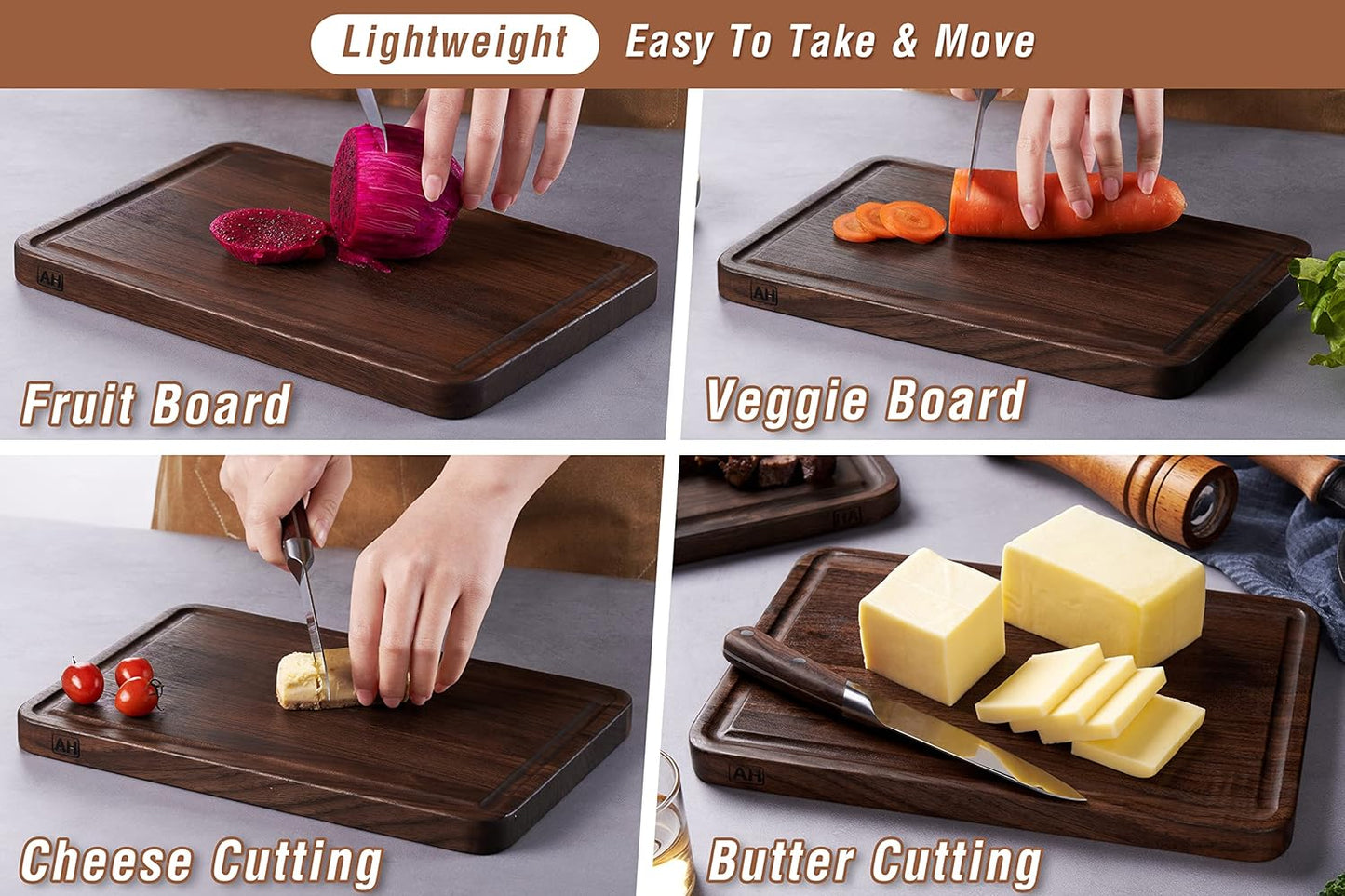 AZRHOM Large End Grain Walnut Wood Cutting Board 17x13x1.5 in Thick Butcher Block for Kitchen with Non-slip Mats Juice Groove & Handles (Gift Box)