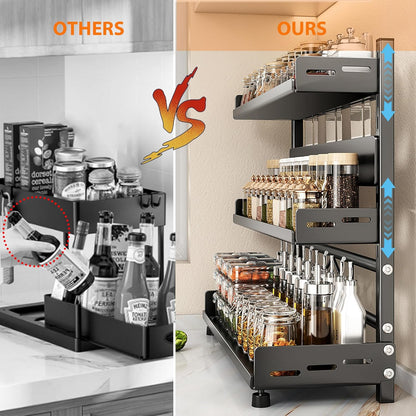 VORA Spice Organization for Cabinet, 2-Tier Metal Height-Adjustable Kitchen Countertop Spice Cabinet Organizers, Rust-Proof Kitchen Counter Shelf with Guardrail & Knife Block for Pantry