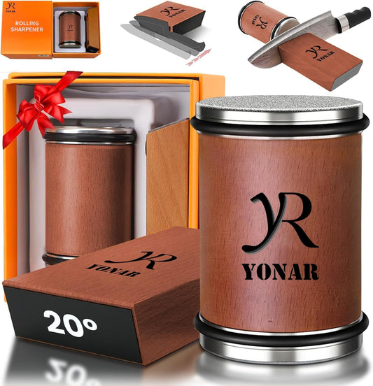YONAR Rolling Knife Sharpener - Faster Sharp Edge with 2 Diamond Stone Discs 1000 & 400 Grit for Steel - 15° & 20° Magnetic Angles Support - Knife Sharpening Made Easy - Kitchen Gadgets & Gifts