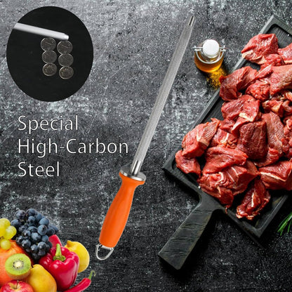 Knife Sharpener Rod 11 Inch,High-Carbon honing rod to Sharpen the Knife Quickly, Professional Honing Rod for Knife Sharpening with Hanging Hook, Orange