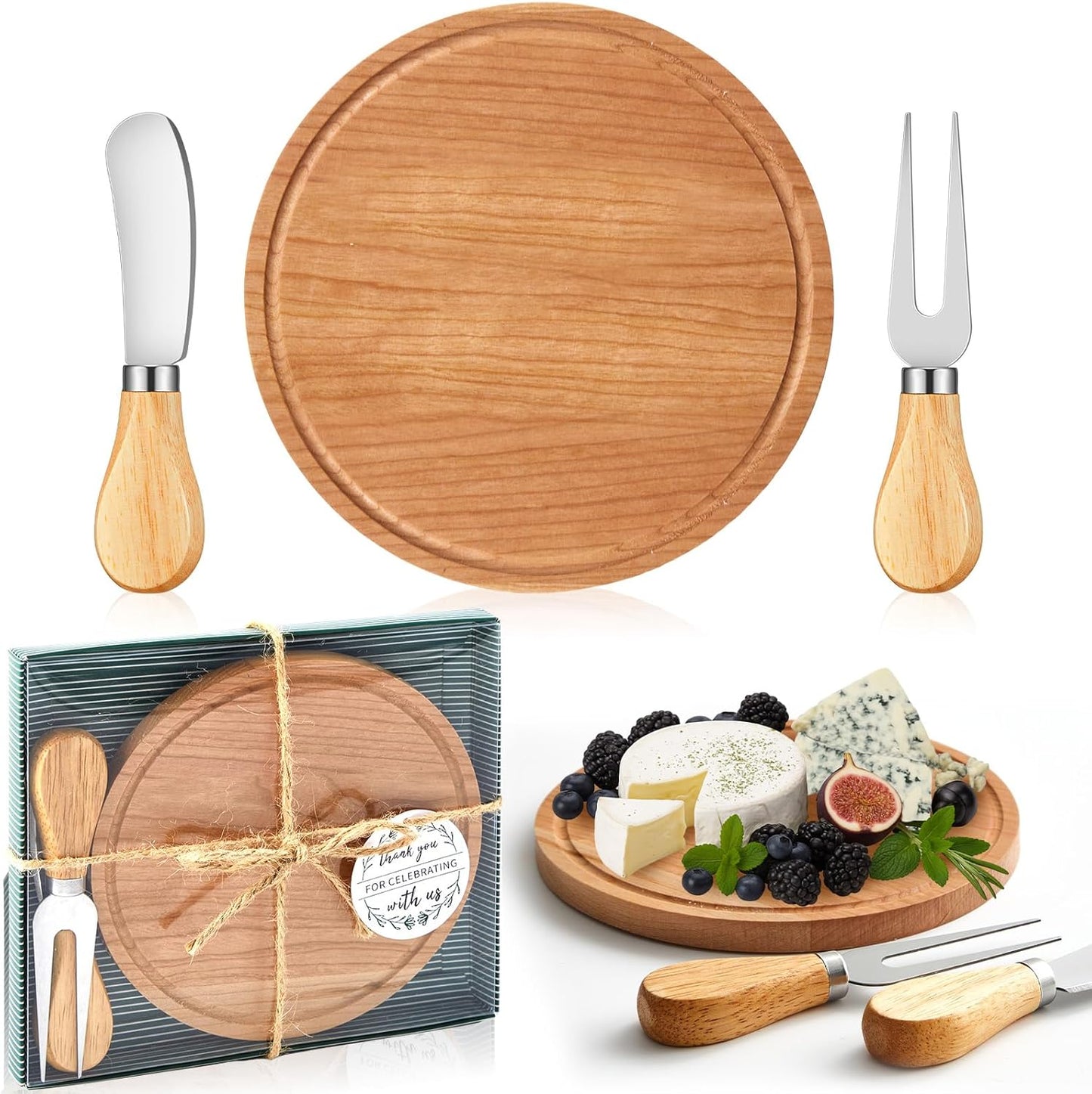Maxcheck 18 Sets Baby Shower Bridal Game Prizes for Winners Round Cheese Board Set Wood Mini Charcuterie Board with Knives and Forks Thank You Card with Gift Box for Guests Wedding (Bamboo)