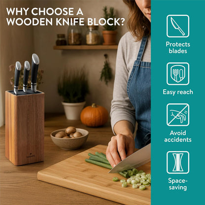 Navaris Universal Knife Block Holder - Rubber Wood Stand with Bristles to Fit Different Sizes of Knives - Angled Design, 9.8" x 5.9" x 4.1’" - Black