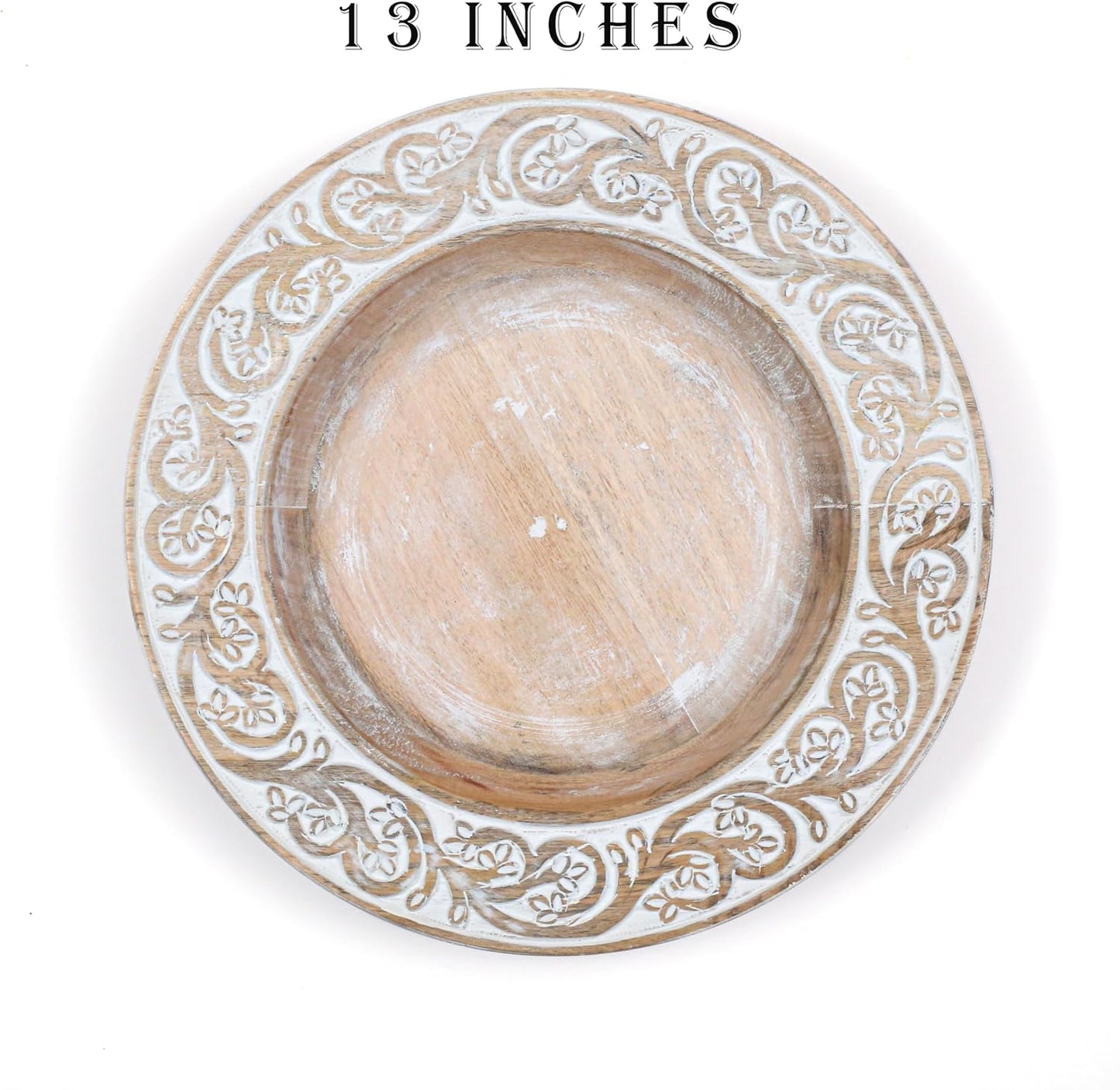 Mango Carving Wood Round Platters for Ottoman or Side Table, Charcuterie Board or Cheese Platter for Living Room (13" x 13" x 2" - White Wash)
