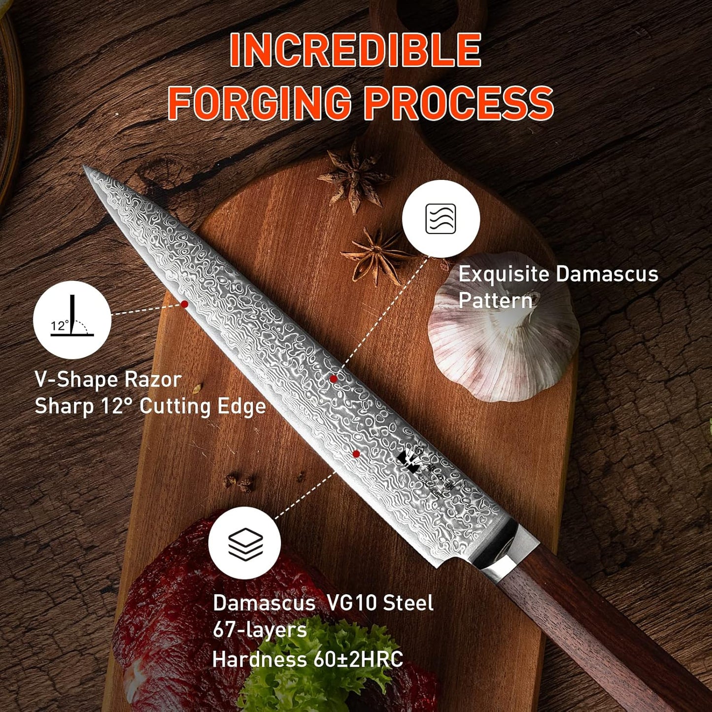 Steak Knives Set of 4 with In-Drawer Knife Block, 5 inch Damascus Steak Knife Set VG-10 Damascus Super Steel 67-Layer Non Serrated Steak Knives with Natural Wood Handle, Gift Box