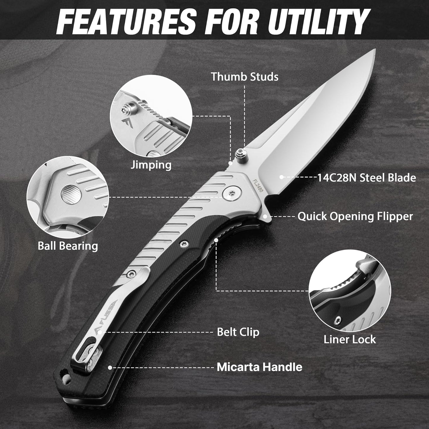 FLISSA Pocket Knife with 3.35" 14C28N Steel Blade, Liner Lock Folding Knife with Wooden Handle for EDC, Camping, Hiking, Outdoor Activities, Gift for Men and Women