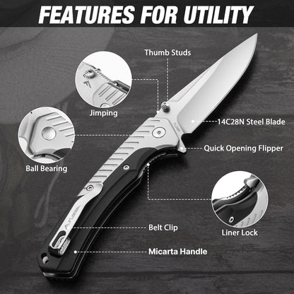 FLISSA Pocket Knife with 3.35" 14C28N Steel Blade, Liner Lock Folding Knife with Wooden Handle for EDC, Camping, Hiking, Outdoor Activities, Gift for Men and Women