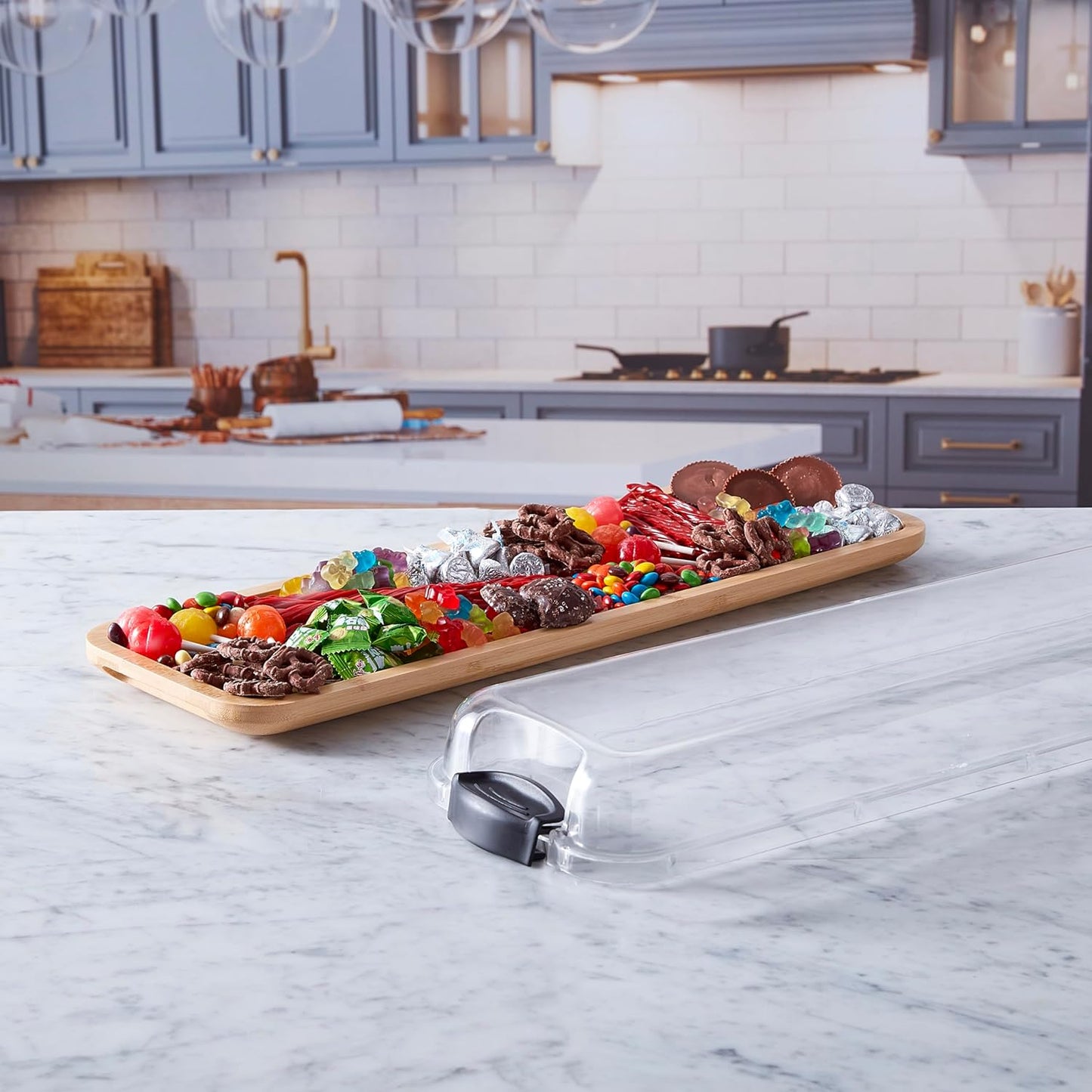 Farberware Build-A-Board Bamboo Cutting Board with Single Storage Compartment, Clear Locking Lid, Black Handles, Perfect for Charcuterie & Snacks